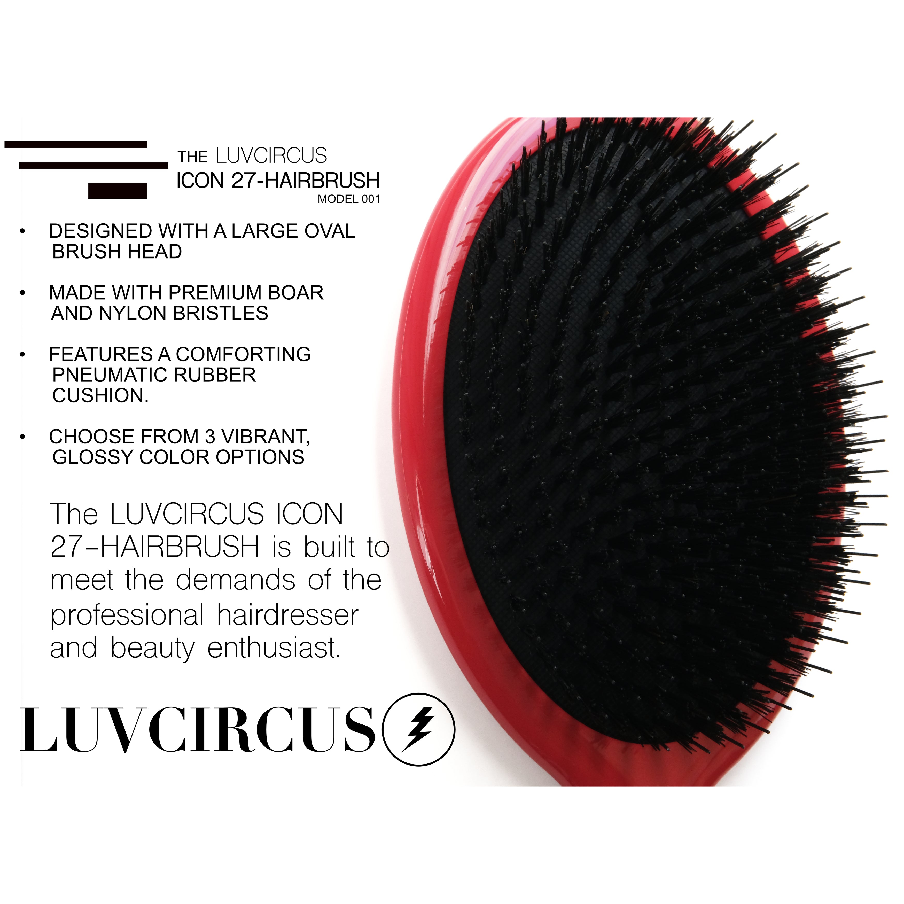 LUVCIRCUS Icon 27 Premium Boar & Nylon Bristle Hairbrush - Luvcircus Red- Model 001