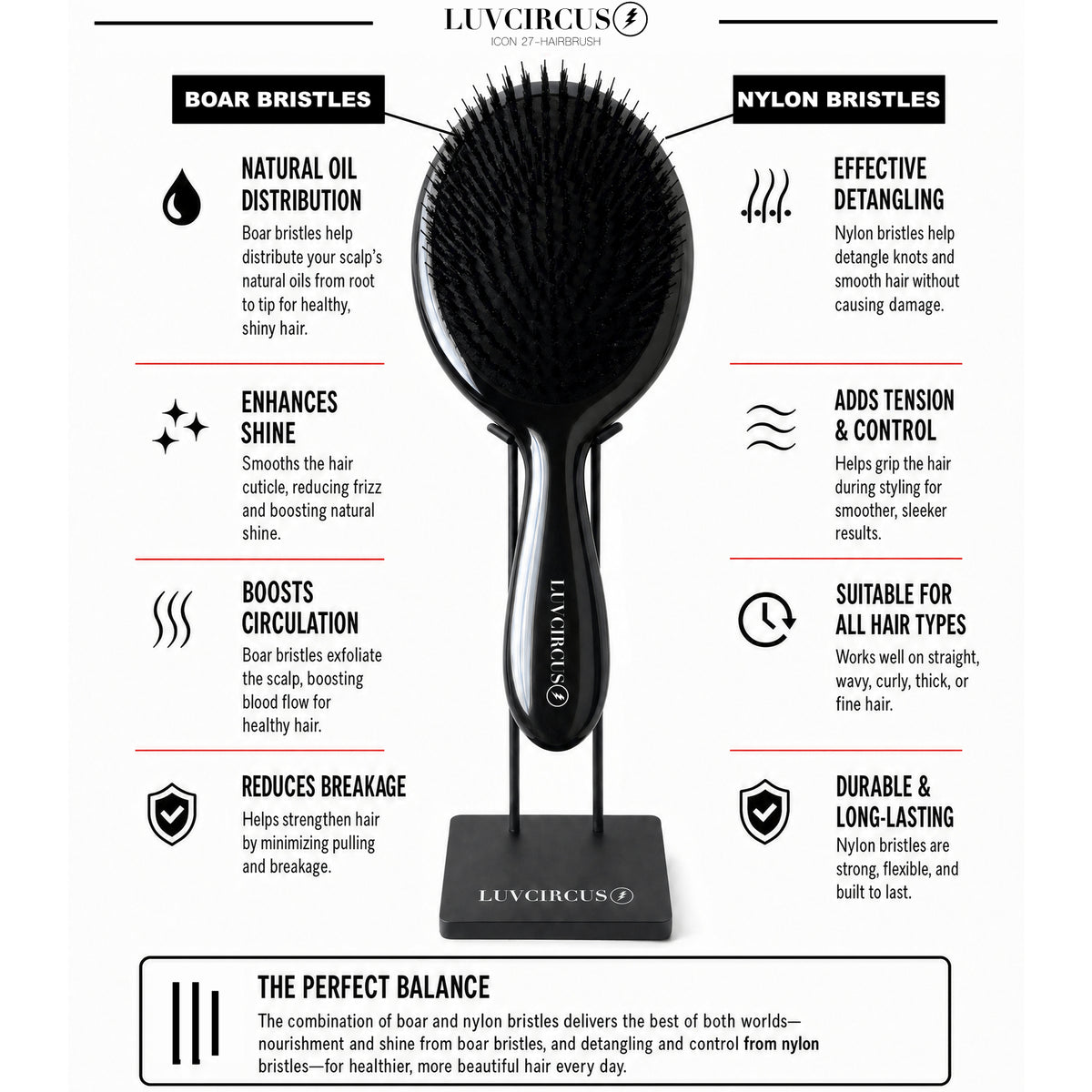 LUVCIRCUS Icon 27 Premium Boar & Nylon Bristle Hairbrush - Ice Cream Blue - Model 001